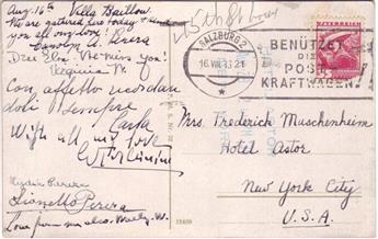 TOSCANINI, ARTURO. Postcard Signed and Inscribed, With all my love / AToscanini, to Mrs. Frederick Muschenheim.